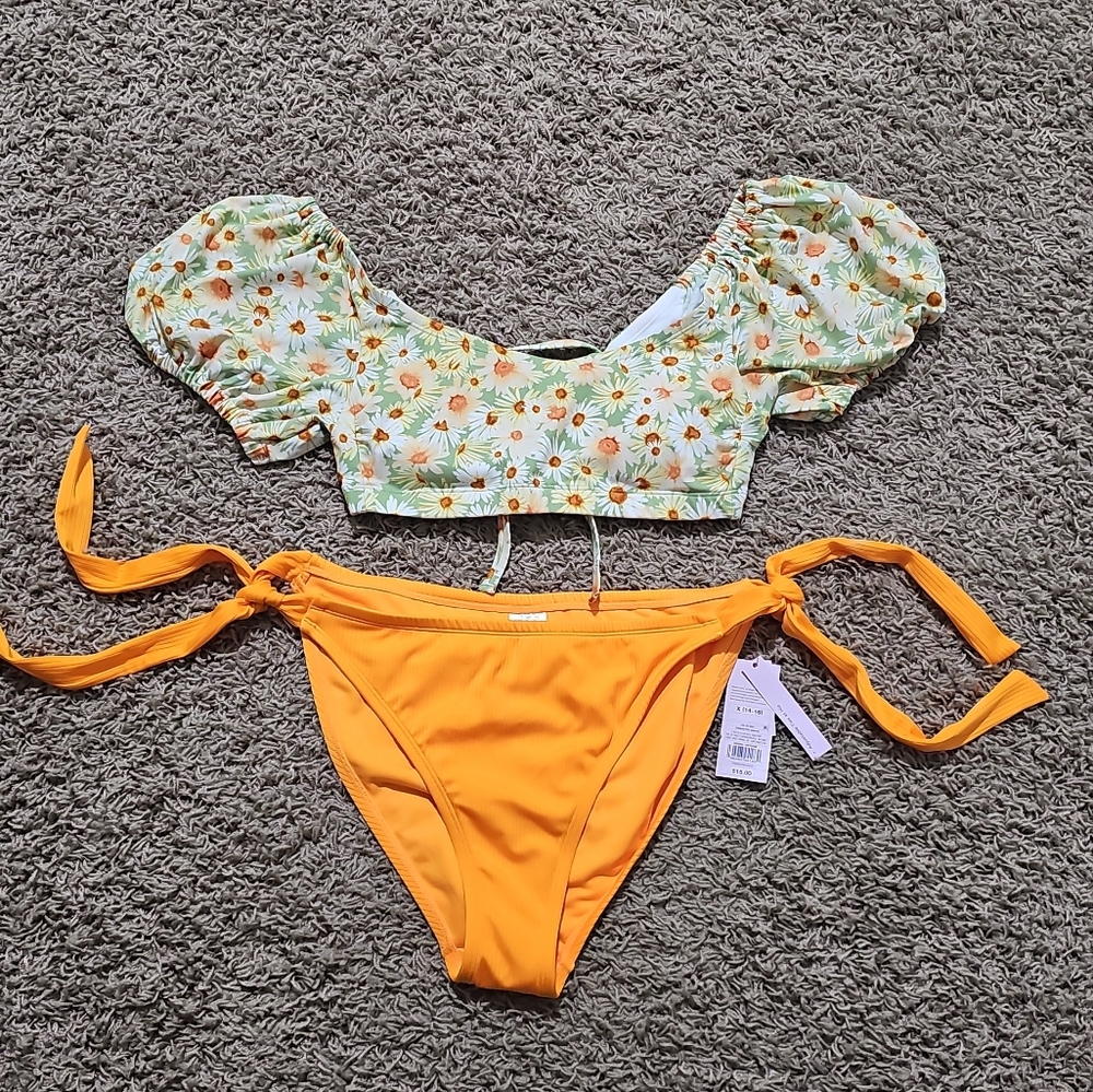 NWT Wild Fable Swimsuit Top Lace Up Back Puff Sleeve 14/16 X - Picture 4 of 7